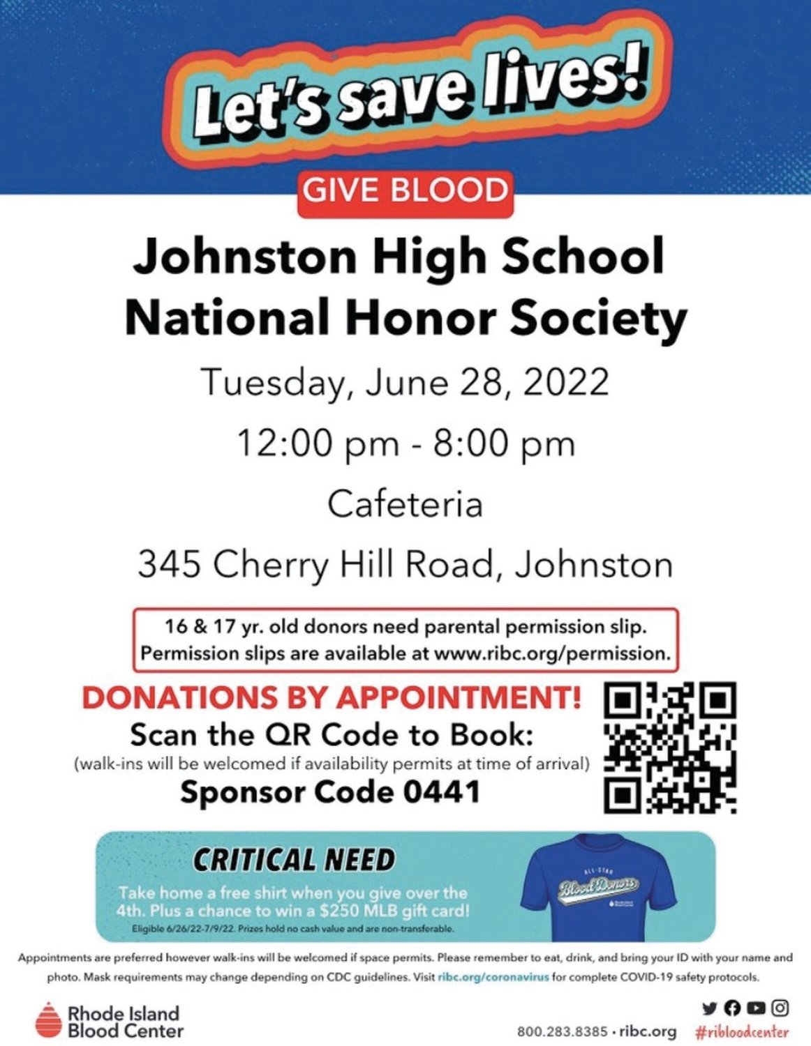 Johnston Senior High School is hosting its annual summer blood drive on June 28, from 12 p.m. to 8 p.m. The blood drive will take place in the school’s cafeteria. Our region is currently in a blood emergency and the Rhode Island Blood Center (RIBC) is in need of people willing to donate.